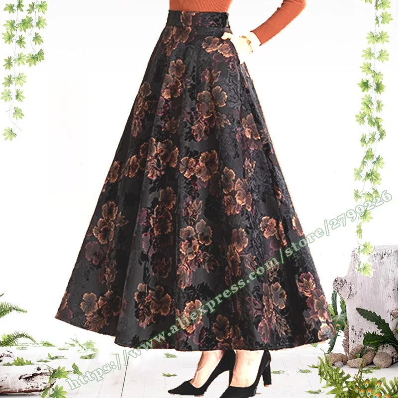 PLUS SZIE Long skirt for middle-aged elderly  2023 New Autumn Winter Vintage Print Elegant Jacquard  A-line Maxi skirts Womens