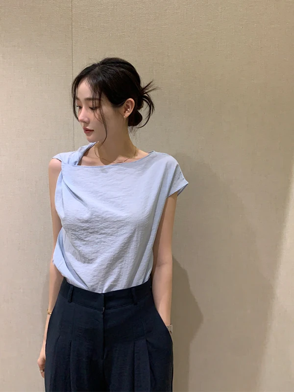 

Faionable Svel irt Женский летний свободный универсальный топ с наклонным воротником и одним плечом