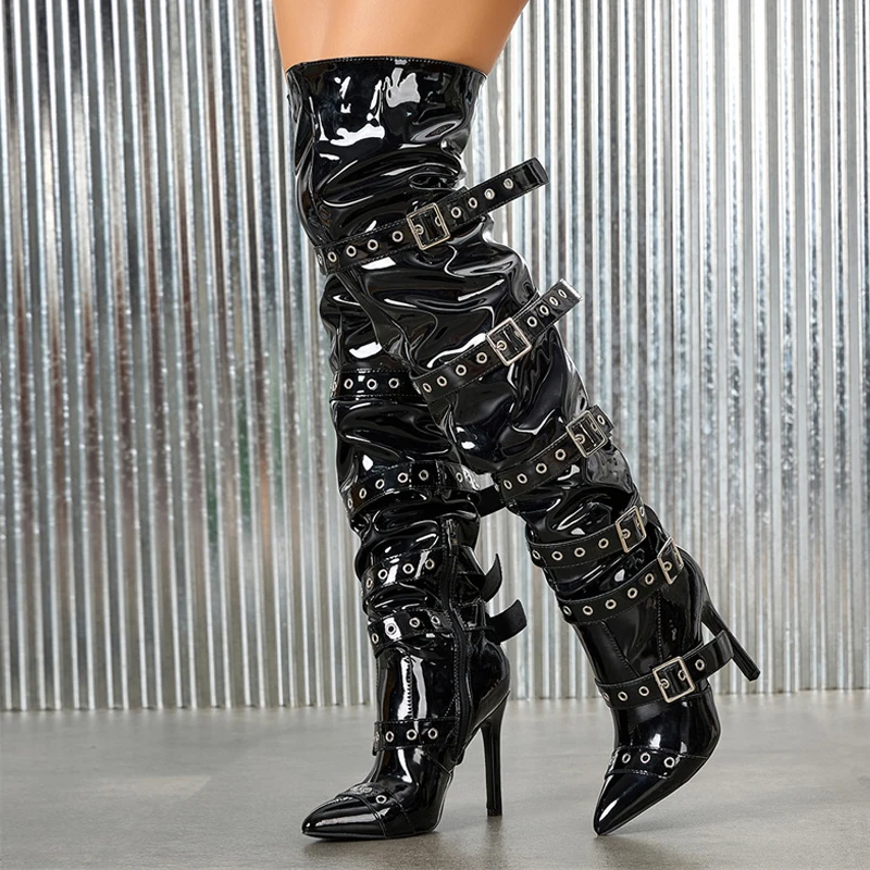 Cool Punk Style Buckle Belt Strap Over The Knee Boots Women Fashion Zipper Thigh High Shoes Pointed Toe Party Strippers Heels