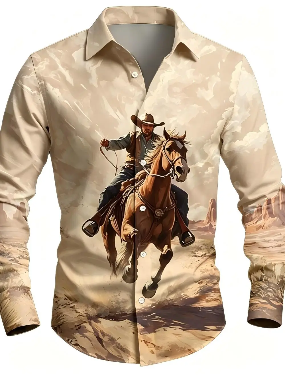 Men's Denim Riding Shirt, Western Shirt, Long-Sleeved Retro Casual Outdoor Work Clothes, Spring and Autumn 3D Printed Button-Up