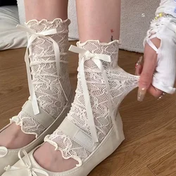 Women's Ruffled Edge Lace Floral Bowknot Arm and Leg Sleeves Dual-purpose Summer Sexy Fishnet Hollow-out Mesh Soft Leg Warmers