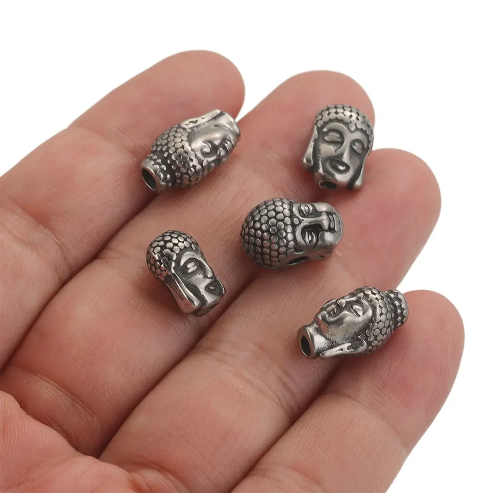 2pcs 9*12/14mm Stainless Steel Big Hole Vintage Buddha Head Metal Charm Spacer Beads DIY Necklace Jewelry Making Supplies