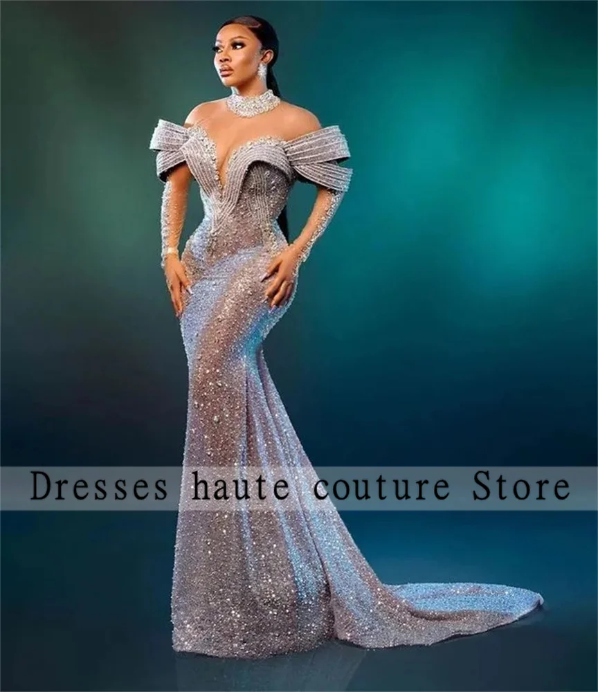 Aso Ebi Luxury Silver Lace Beaded Evening Dresses 2025 Lace up Back African Mermaid Prom Dress Customized Wedding Party Gown