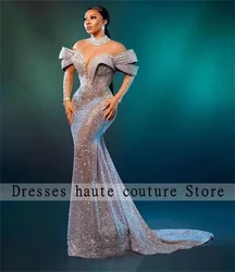 Aso Ebi Luxury Silver Lace Beaded Evening Dresses 2026 Lace up Back African Mermaid Prom Dress Customized Wedding Party Gown