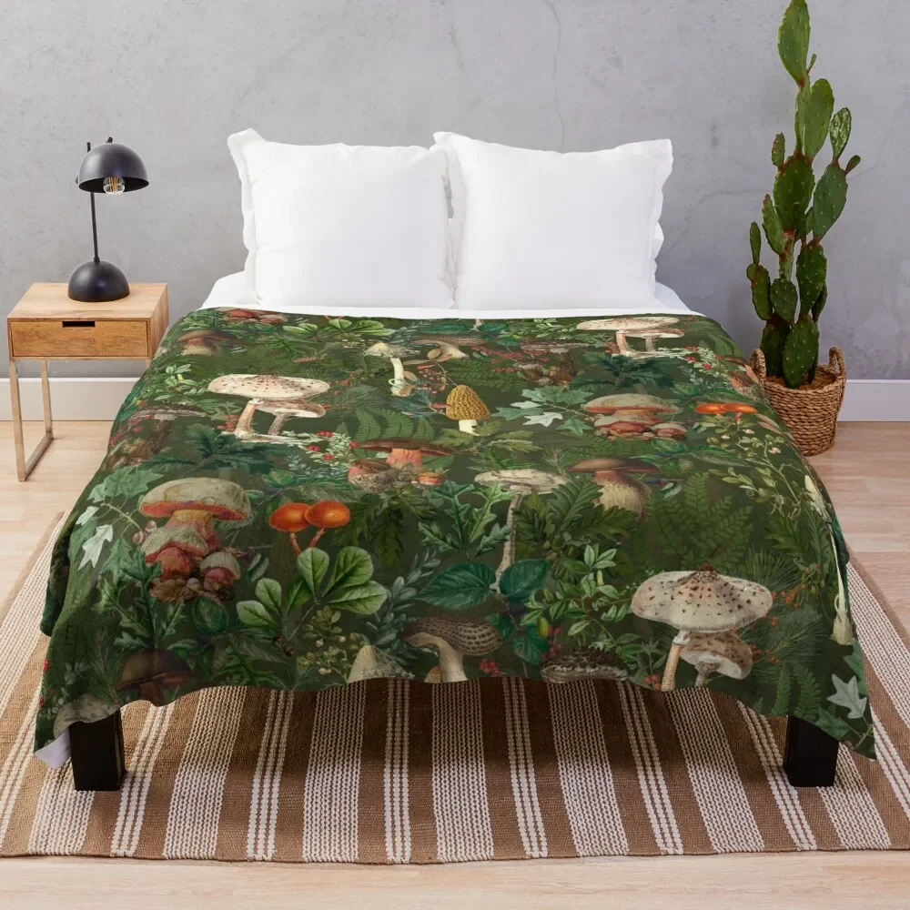 

Vintage Night Mushrooms Botanical Forest Garden- Pattern green Throw Blanket Plush wednesday warm winter Blankets