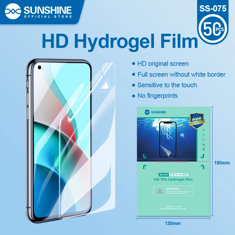 

Sunshine New Original 50pcs SS-075 Series HD Hydrogel Film, Auto repiar, With Cutting code, SS-075B/E/S Anti-blue matte film,TPU