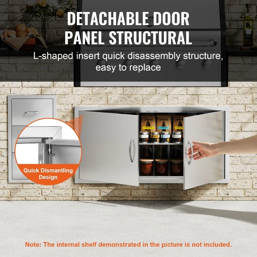 BBQ Access Door, 42W x 21H Inch Double Outdoor Kitchen Door, Stainless Steel Flush Mount Door, Wall Vertical Door with Handles,