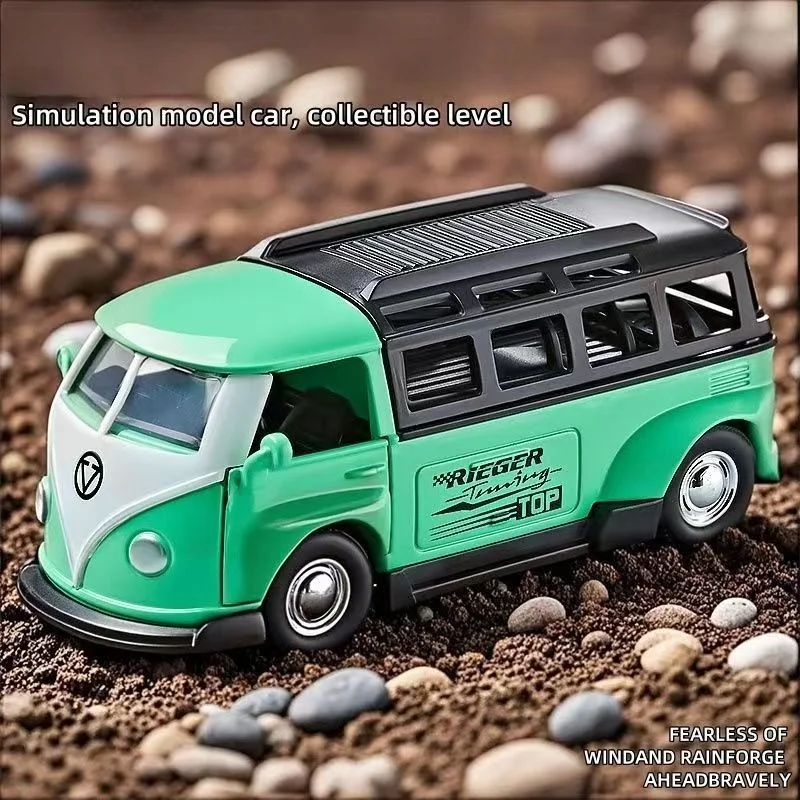 Modelo de carro de simulação em escala 1:36 - ônibus retrô pull-back de liga amarela/azul/verde com portas aberturas e compartimentos removíveis