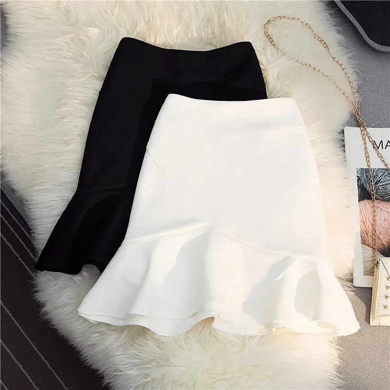 Women Ruffles Mini Skirt Sexy Sweet High Waist Office Lady Hip-wrapped Skirt Elegant A-line Solid Color Zipper Faldas Mujer New