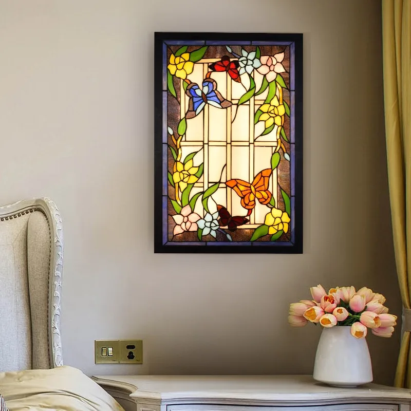 

European Style Stained Glass Butterfly Dining Bedroom Bedside Wall Lamp Nordic Living Room Background Wall Aisle Led Mural Light