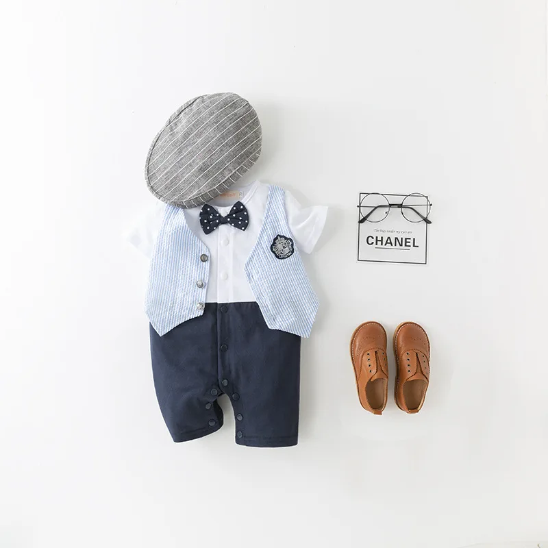 

Summer Baby Boy Short Sleeve Gentleman Romper Blue Striped Vest Onesie With Hat 2pcs Infant Outfit Jumpsuit Bodysuit Clothing