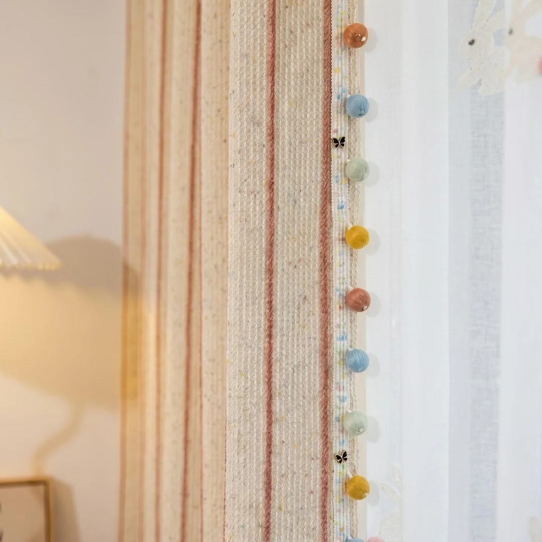 Dopamine colored ball lace curtain ins cream striped cloth curtain cute curtain for children's room