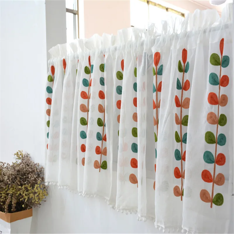 

Colorful Leaf Pattern Embroidery Pastoral Style Valance, White Sheer Flowers Valances,window Treatment For Kitchen