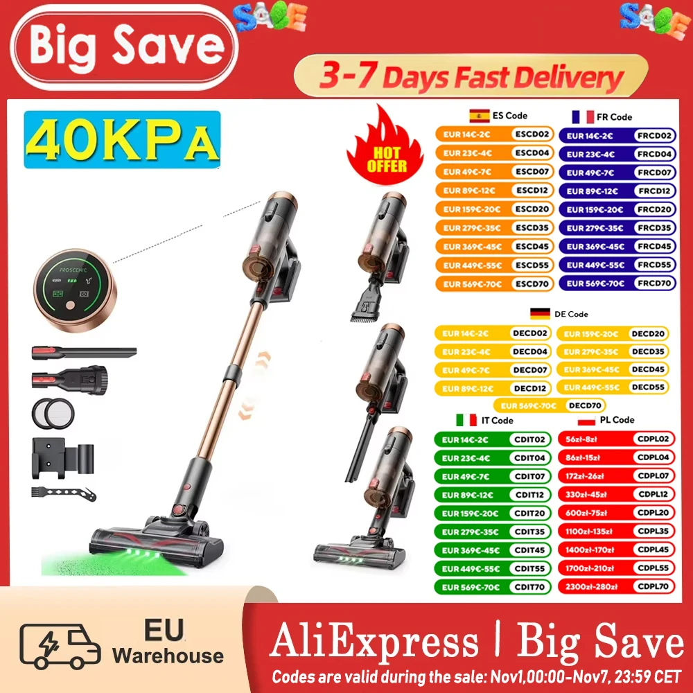 Aspirateur Ultra sans fil Proscenic P11, aspiration 40Kpa, autonomie de 40 minutes, brosse sans enchevtrement, Filtration  4 couches