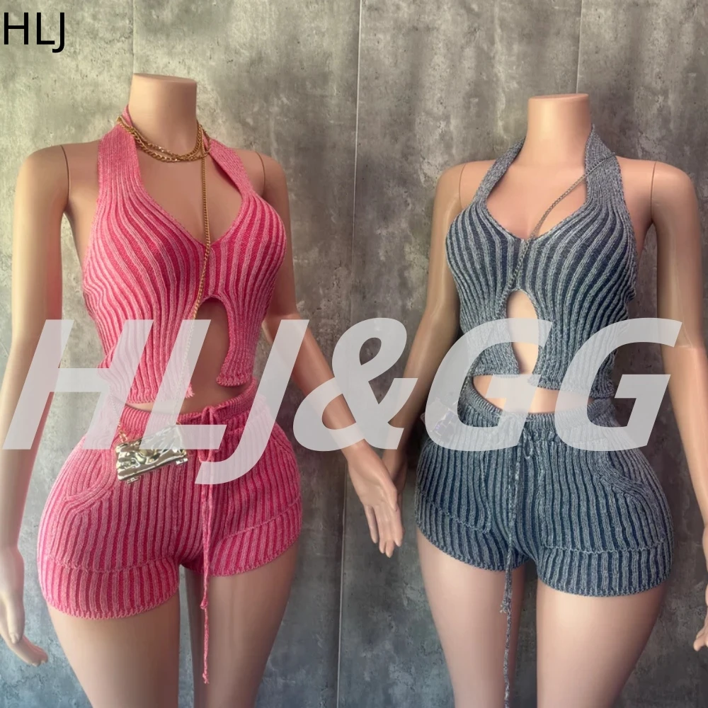HLJ Fashion Stripe Print 2 Piece Sets Woman Outfit Halter Backless Slim Crop Top + Bodycon Shorts Female Streetwear Spring New