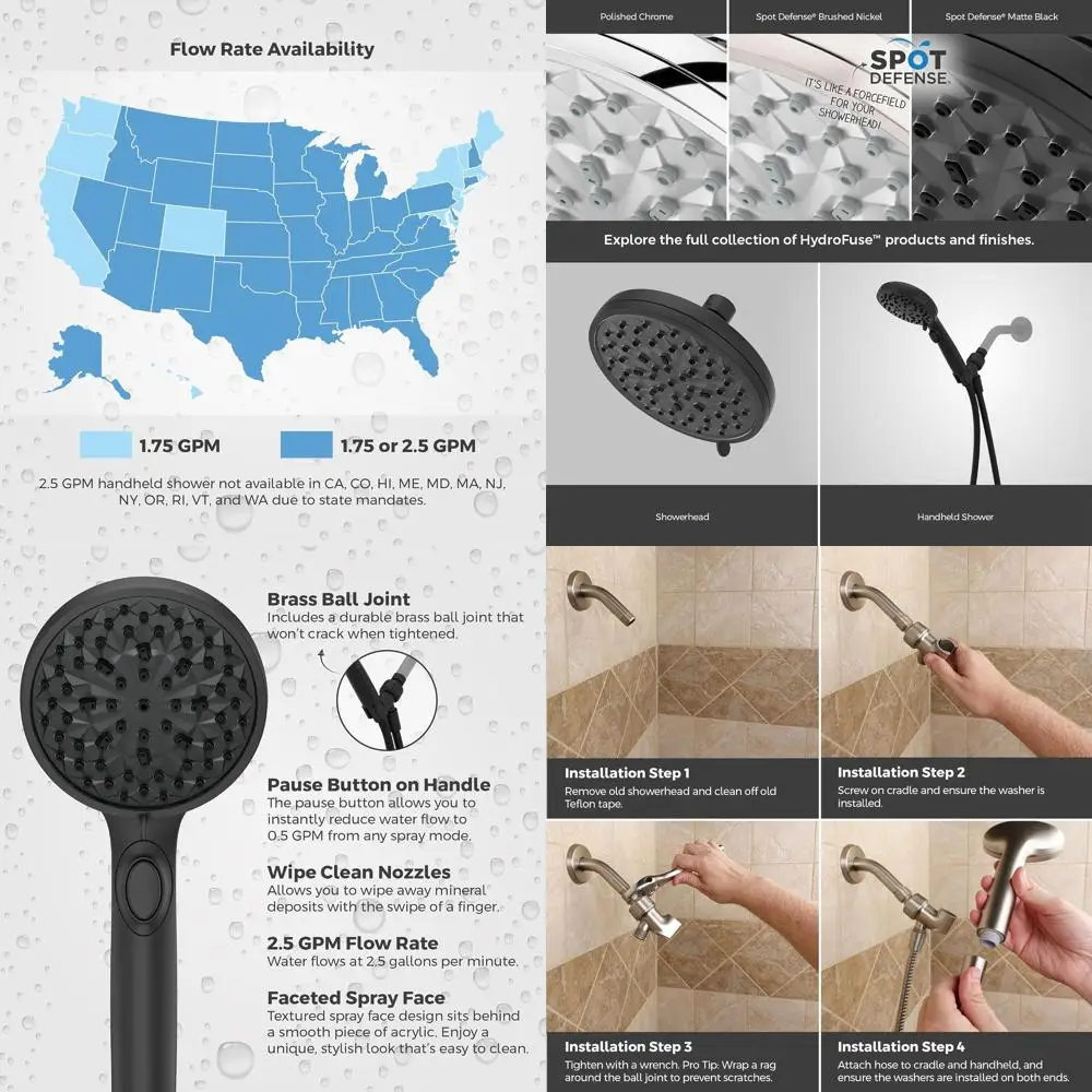 

6-Function Handheld Shower Head with Hose, 2.5 GPM, Matte Black, Spot Defense, Model 016HF01SDB