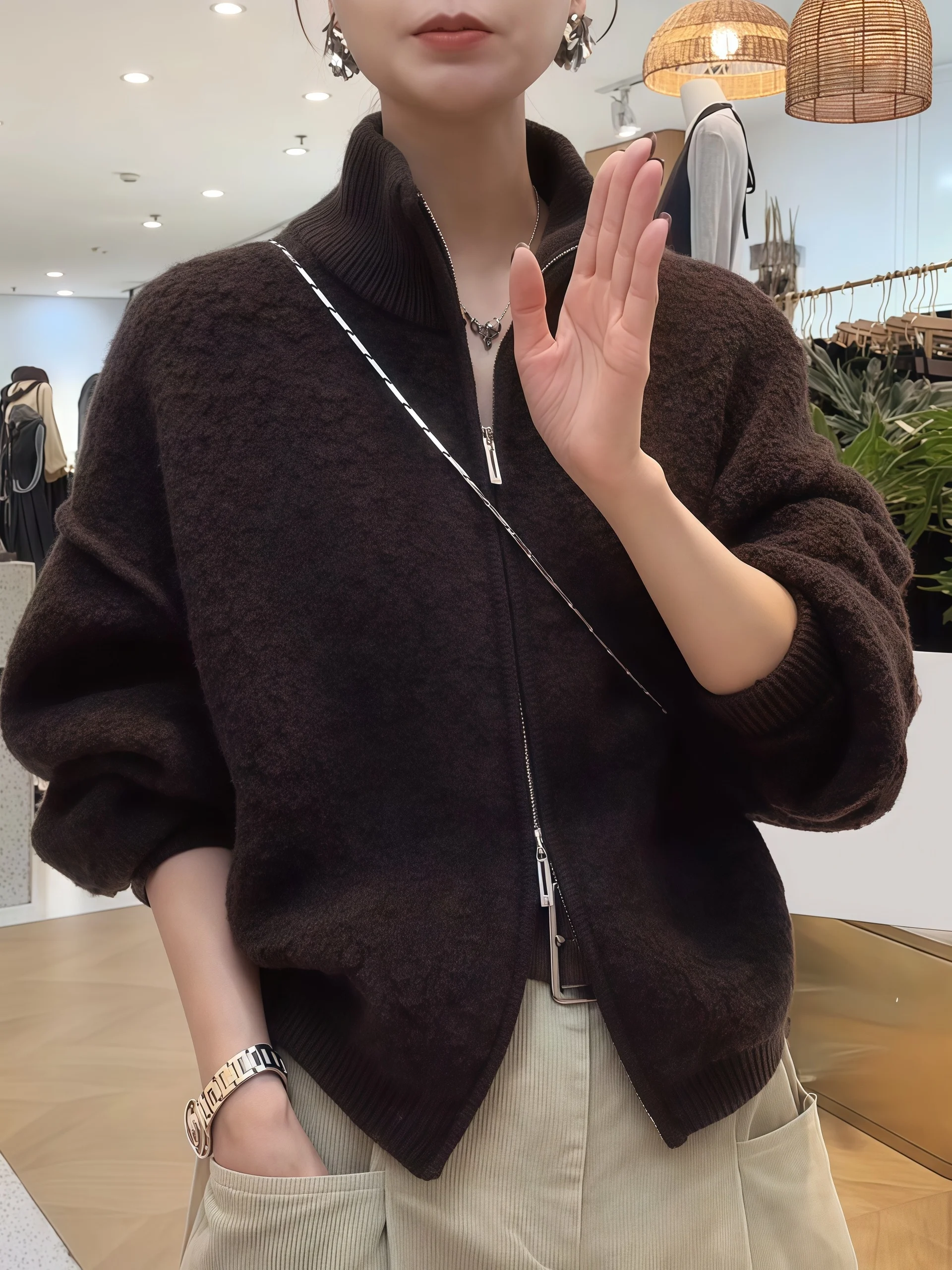 

Korean Sle Thiened Furry Sweater Jaet Women's Double Zipper Fur Coat Autumn Winter New Sle Straight Tube Knitted Top