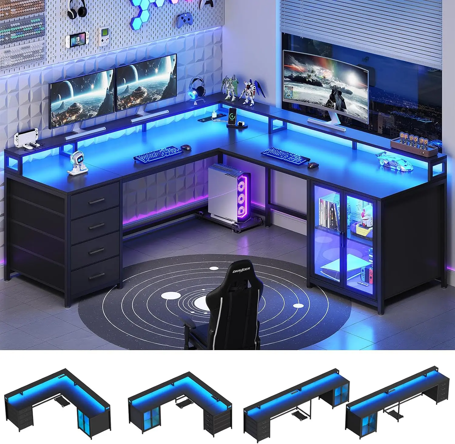 SEDETA L Shaped Gaming Desk with 4 Drawers, 109” Computer Desk with Display Cabinet, Home Office Desks with 2 Monitor Stands, CPU Stand, LED Lights and Power Outlet, Black