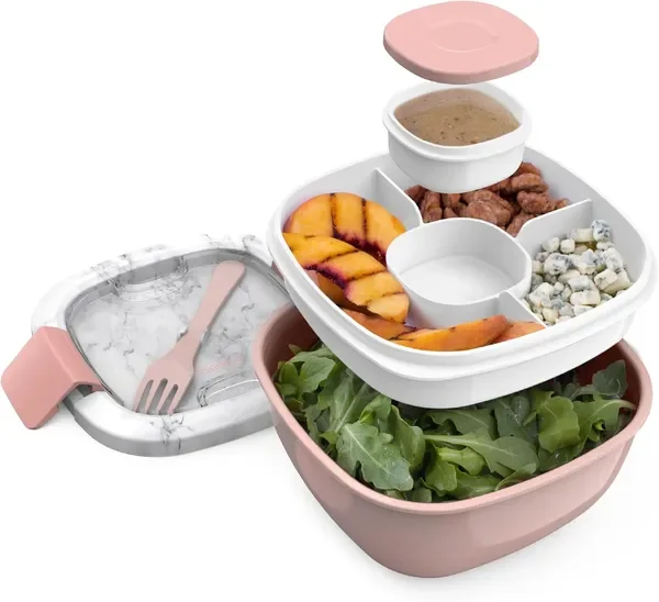 

Salad Container - 54 oz Bowl with 4-Compartment Toppings Tray, Dressing Container, Reusable Fork, BPA-Free Lunch Box for Meal