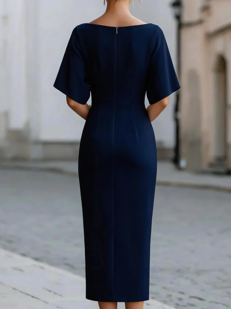 Slash Neck Patchwork Fashion Maxi Dress, Women Summer Half Sleeve Simple Party Dress, 2026 Solid Elegant Ladies Dress Streetwear