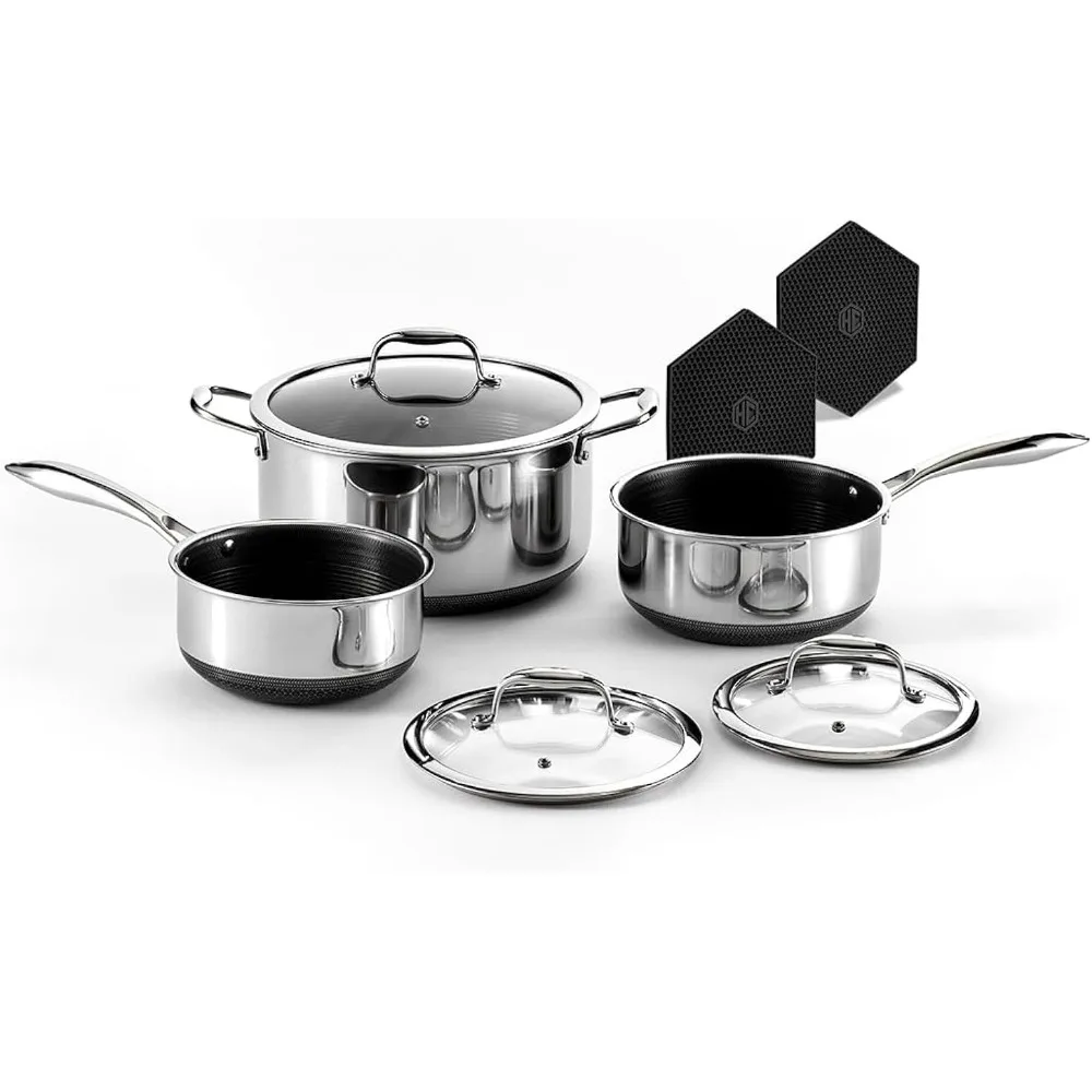 HexClad Hybrid anti lengket 6-Piece Pot Set dengan tatakan, 2, 3, dan 8-Quart Pot dengan tutup kaca Tempered