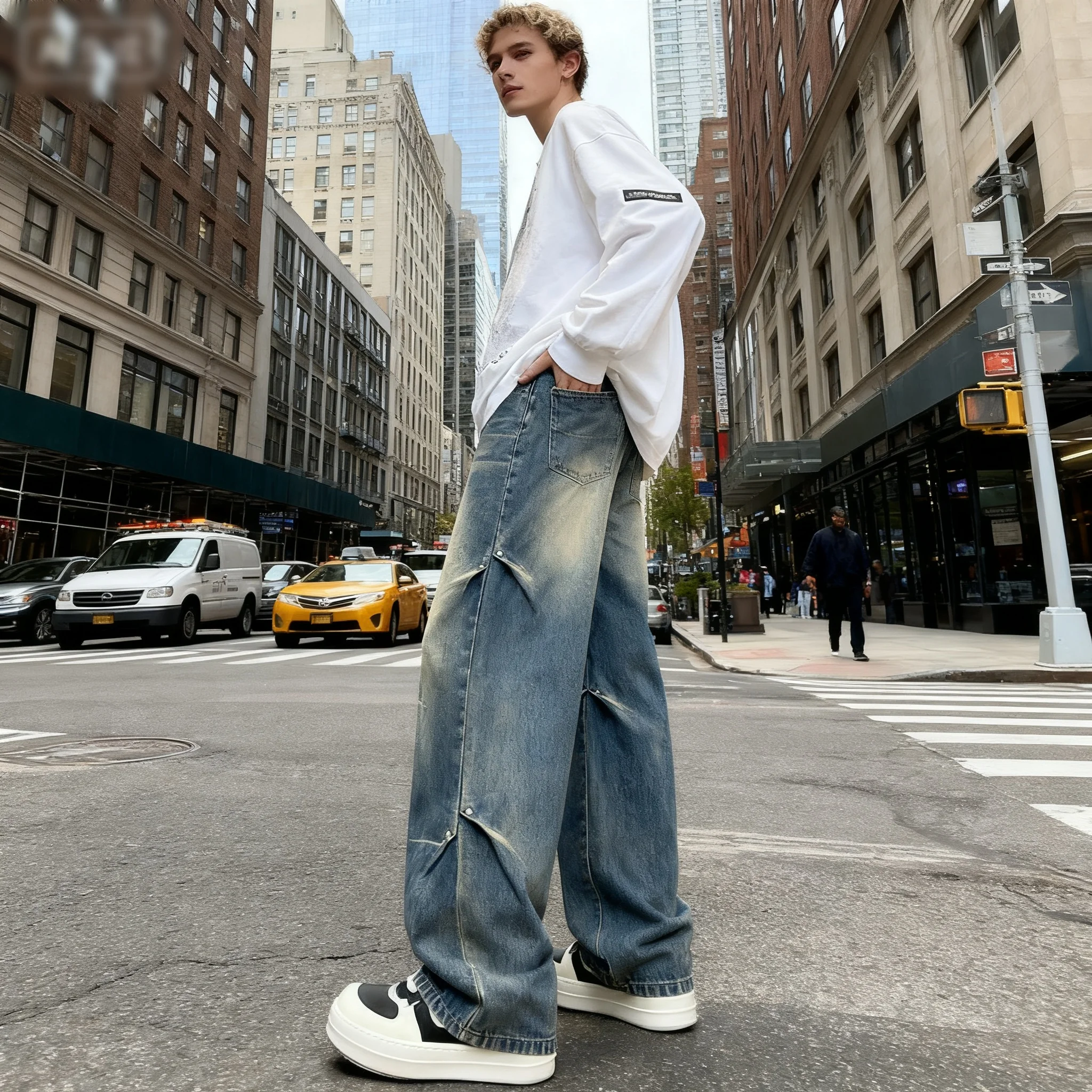 2025 Spring and Autumn New Fashion Jeans Folding Pinch Design Men's Gradient Color Washed Straight Leg Cowboy Pants
