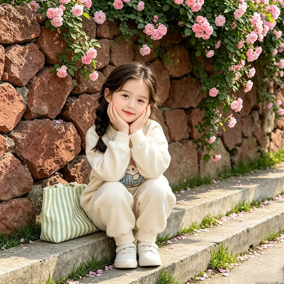 Mädchen-Cartoon-Katzen-Sweatshirt & Weitbein-Hosen-Set – Süßes koreanisches 2-teiliges Outfit für Kinder, lässige lockere Frühlings- und Herbstkleidung – Detail 9