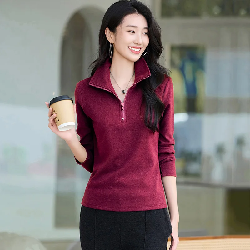 

New Women Autumn Winter Thick T-shirt Fashion Zipper Turtleneck Long Sleeve Bottoming Shirt Casual Basic Daily T-shirt Female
