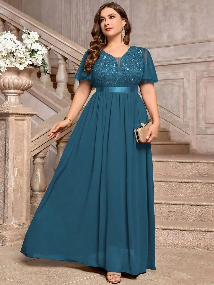 

Plus Size Deep V-Neck Sequin Lace Chiffon Formal Party Long Dress