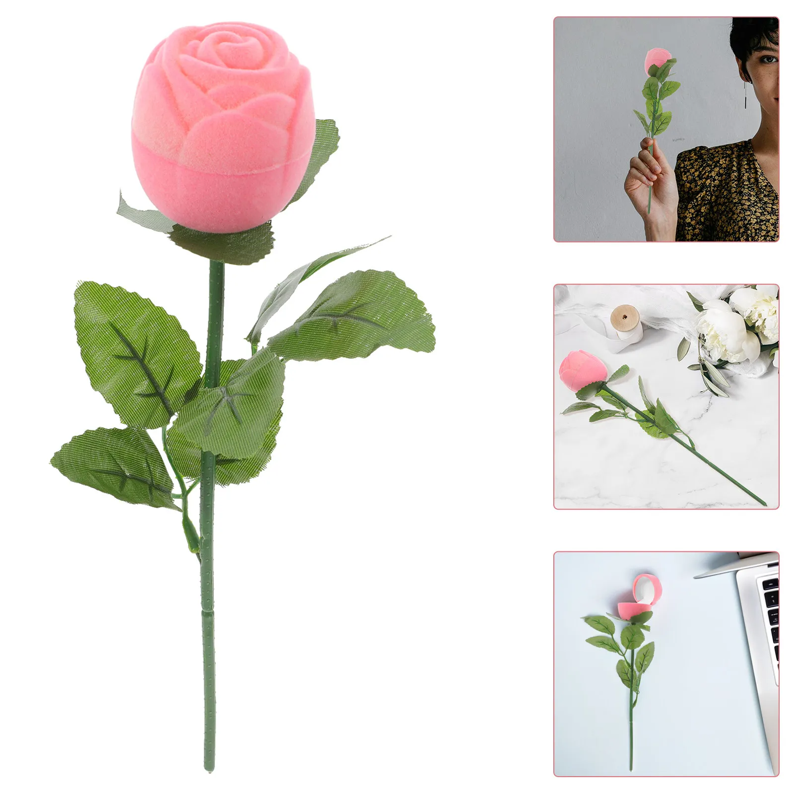 2Pcs Rose Flower Jewelry Box Luxury Ring Organizer Soft Lined Protection Romantic Design for Proposal Engagement Earring Display