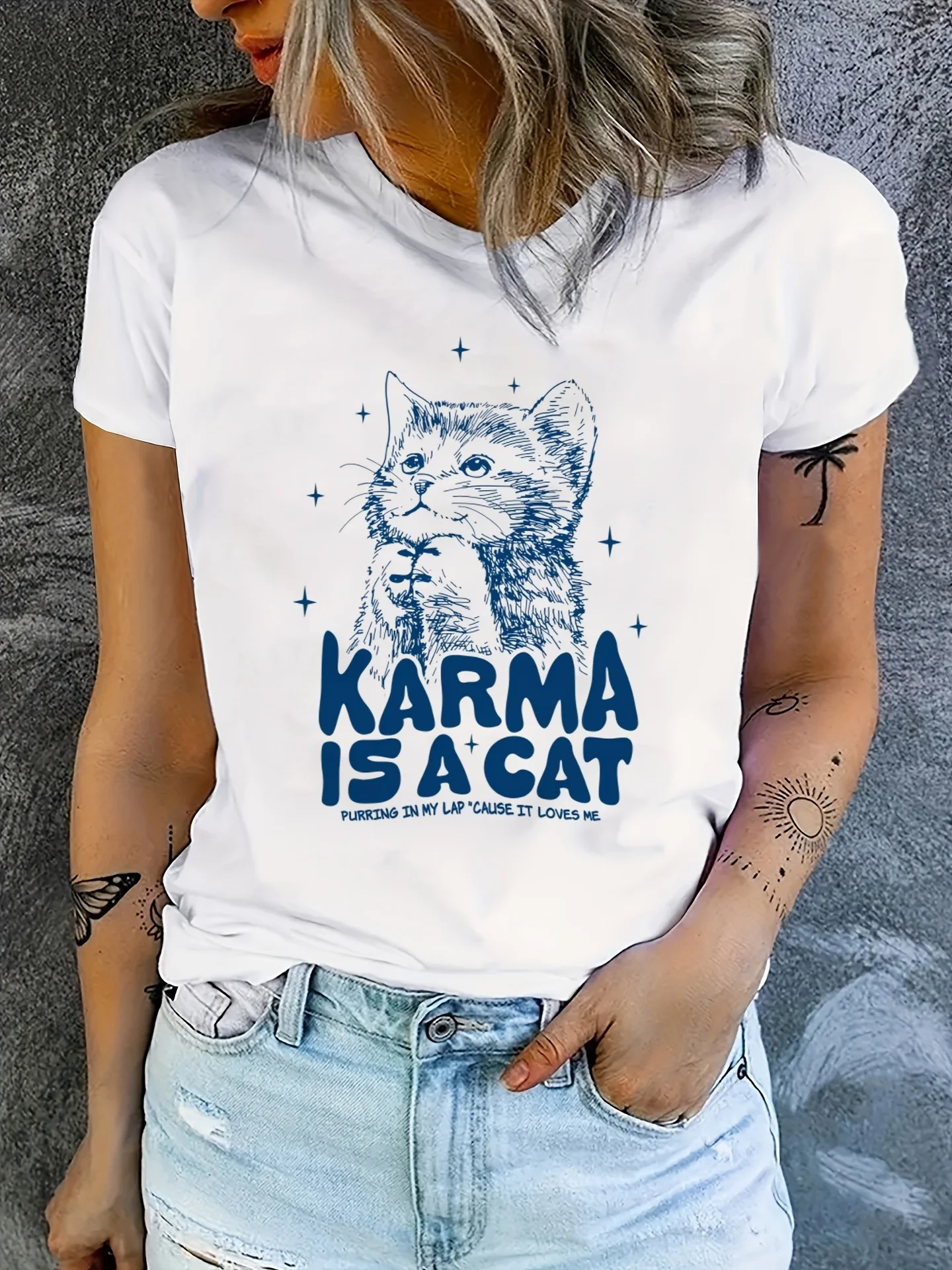 

Karma Is A Cat Print T-shirt, Casual Short Sleeve T-shirt For Spring & Summer, Women's Clothing