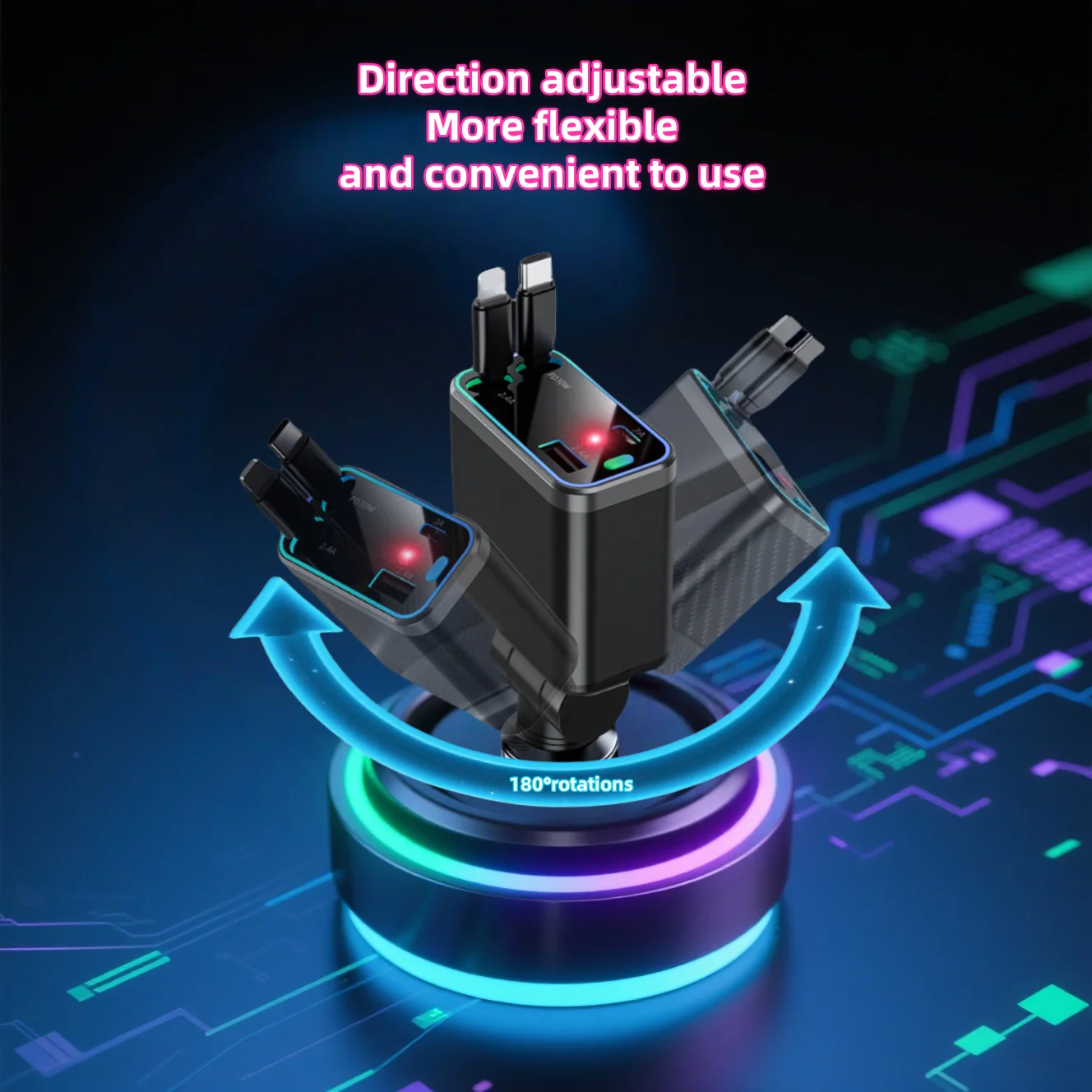 

Автомобильное зарядное устройство Starry Sky, с функцией динамической подсветки, двумя портами и выдвижным кабелем, быстрая зарядка PD30W, для различных типов транспортных средств