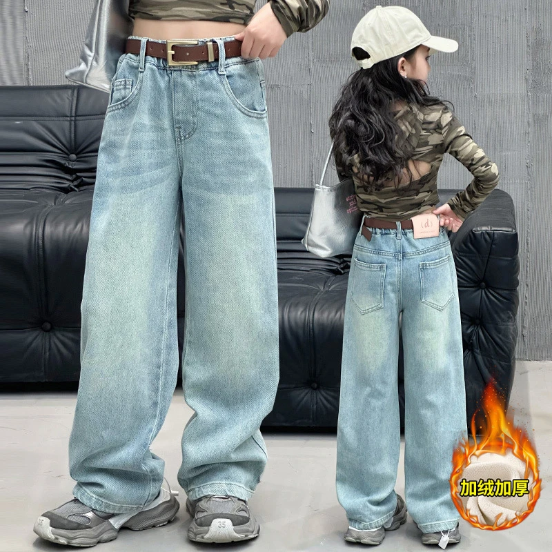 Winter Lamb Velvet Children Jeans for 4-14Yrs Teens Girls Integrated Fleece Denim Pants Loose Autumn Junior Girls Trousers