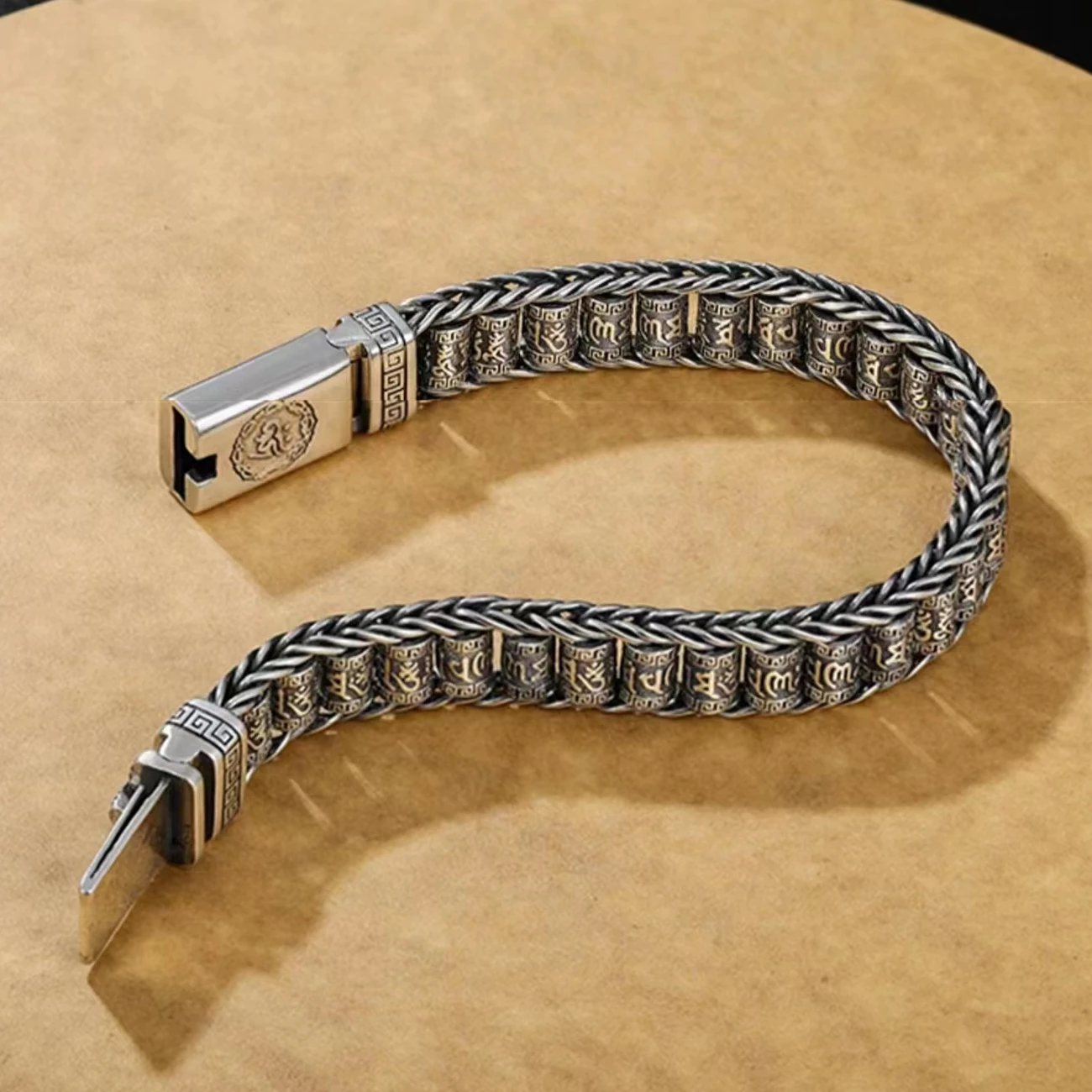 S925 Sterling Silver Handmade Passepartout Prayer Wheel Bracelet Men Transfer Beads Six-Character Mantra Luxurious Retro Bangle