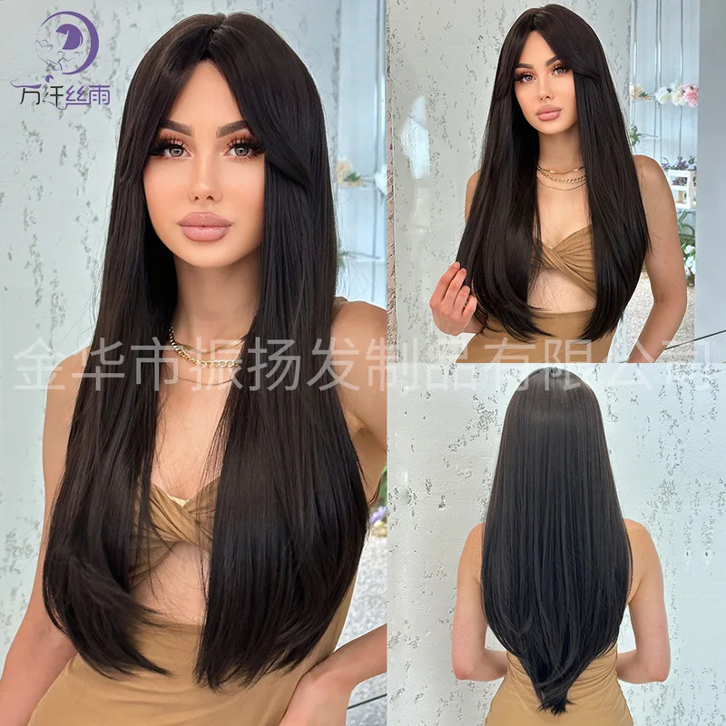 Wanxiansiyu Fashionable Long Straight Black with Bangs, Head Cover, Slightly Inward Curled Ends, Full Wig for Women