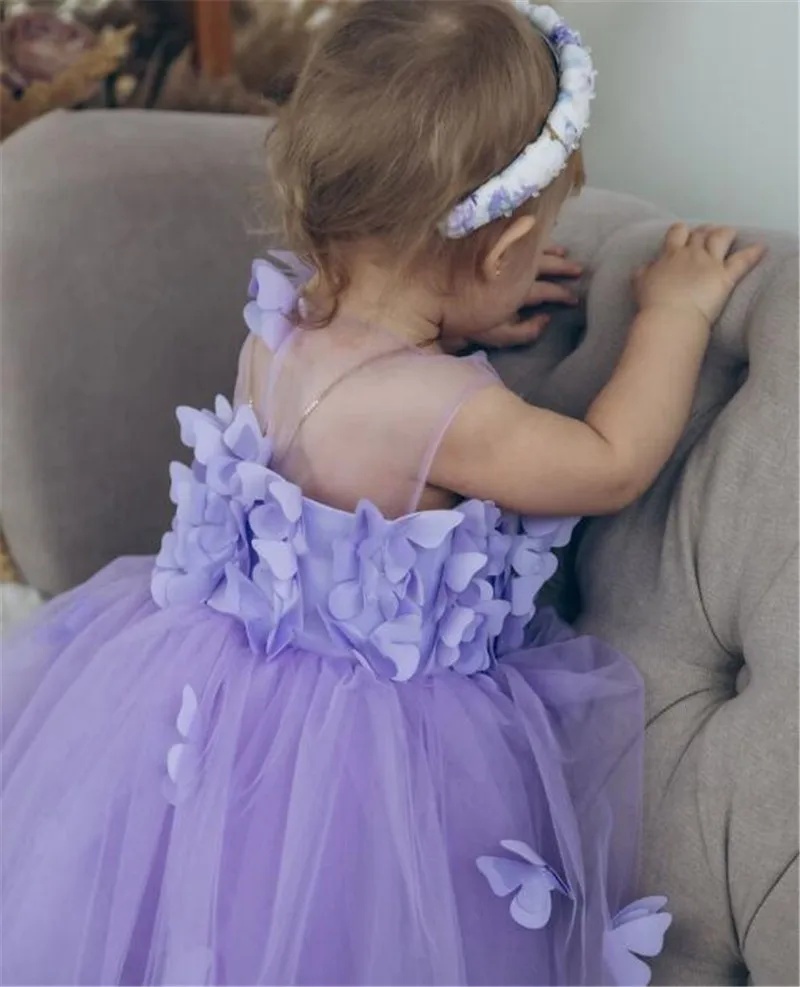 Vestido de tul lila con mariposas 3D para niña, traje de tutú infantil con cuello transparente, regalo de cumpleaños y Navidad, novedad