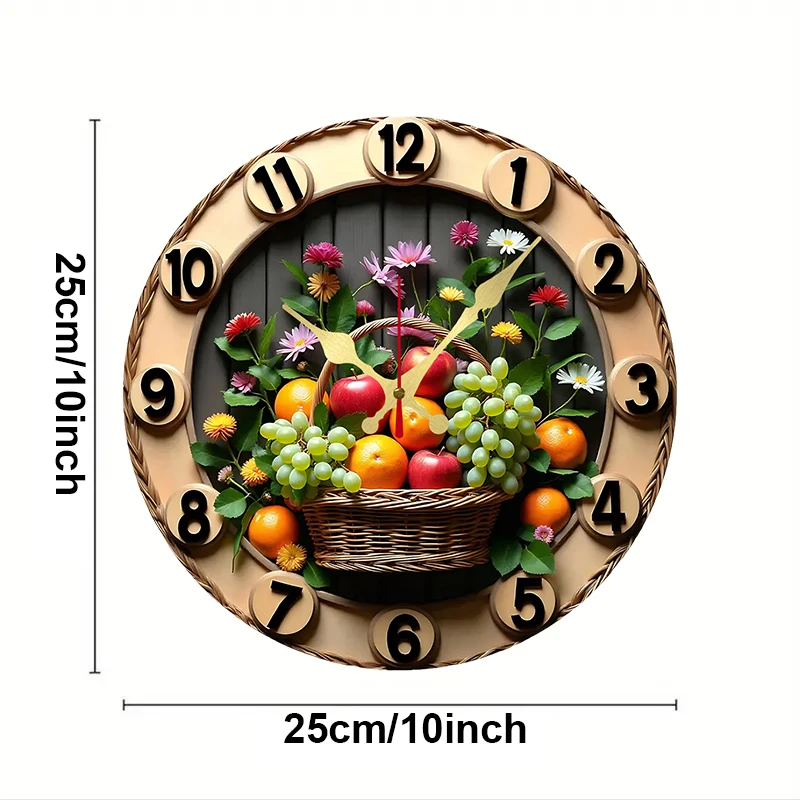 Fruit&Vegetable Basket Wooden Round Silent Hanging Wall Clock,Suitable For Living Room,Office,Study Room,Bedroom,Home Decoration
