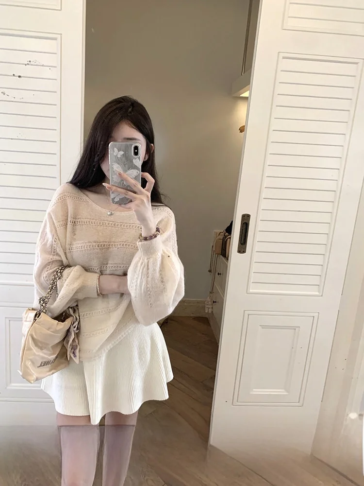 

Lazy Sle Thin Wool Camere Springting Feifei Coat Sweater Eleven Girls Batwing Sve round Ne Long Sve Knitted Top