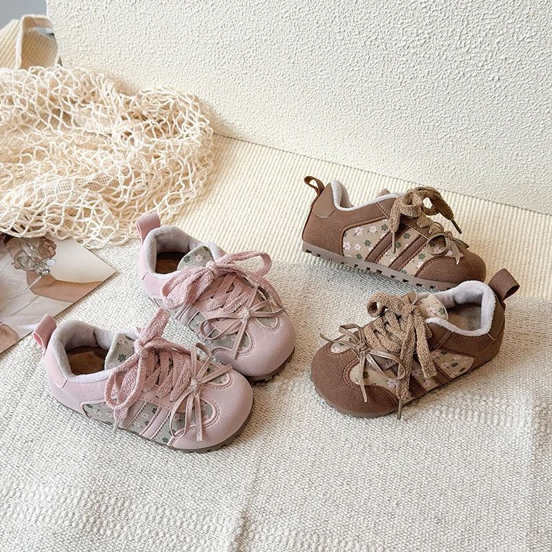 

Детские зимние кроссовки, новые хлопковые кроссовки с цветочным принтом для девочек, школьные нескользящие детские модные повседневные спортивные туфли для бега