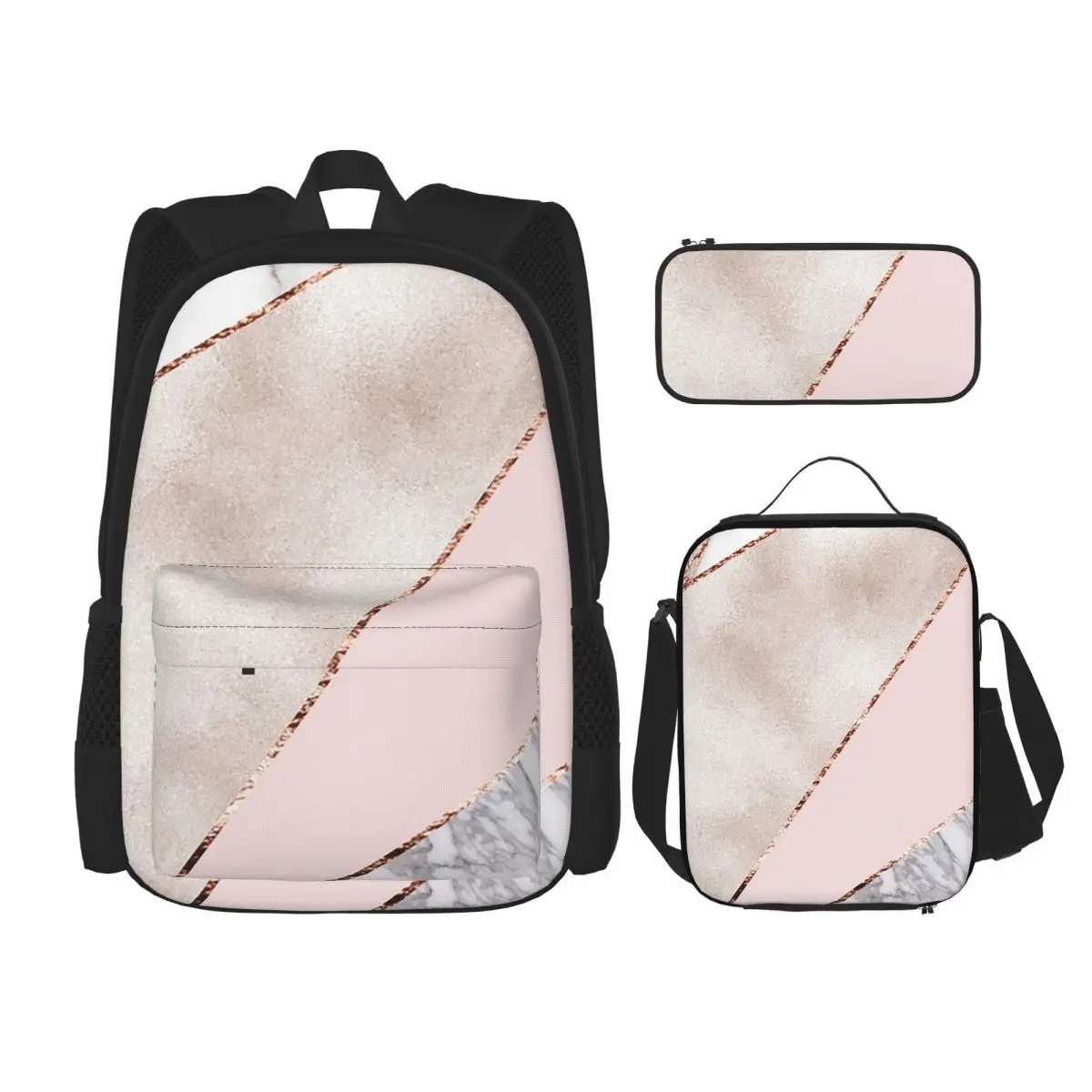 Spliced Mixed Rose Gold Marbl Backpacks Children Bookbag School Bags Rucksack Lunch Bag Pen Bag Three-Piece Set