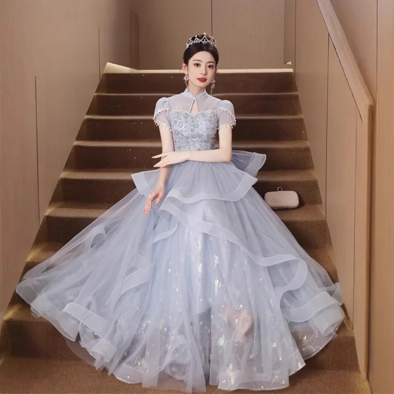 

New French Evening Dress, Light Luxury, Niche High-end Temperament, Blue Birthday and Coming of Age Ceremony Host's Fluffy Skirt
