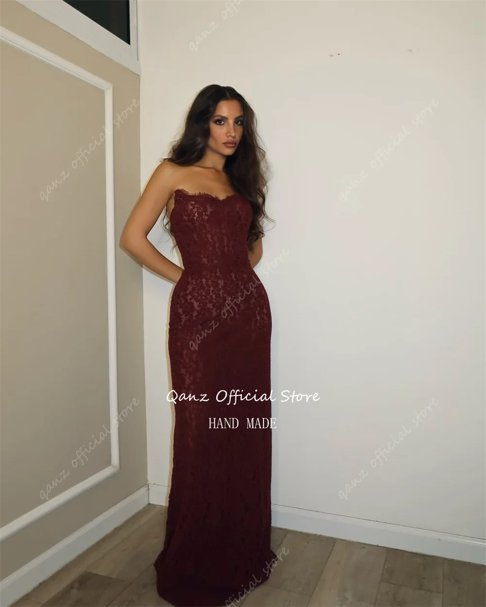 Qanz Burgundy Lace Appliques Vestidos De Fiesta Sweetheart Corset Back Evening Dresses Evening Dresses Woman Elegant Customized image 4