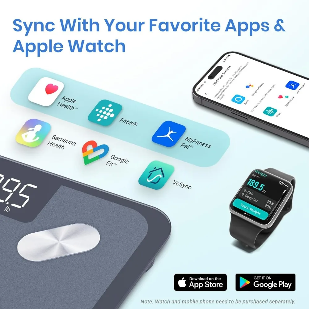 مقياس الجسم الرقمي الذكي مع تحليل نسبة الدهون في مؤشر كتلة الجسم، مزامنة تطبيق بلوتوث لتتبع اللياقة البدنية، سعة 400 رطل