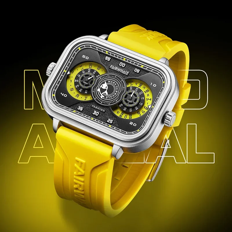 Mode Merk Fairwhale Quartz Horloges Heren Sport Siliconen Band Dual Time Zone Waterdicht Vierkant Polshorloge Luxe 2023