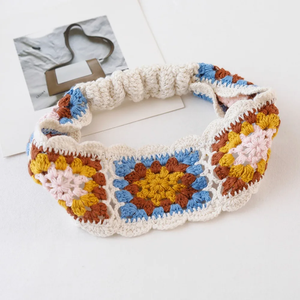

Cute Flower Knitted Headband Colorful Bohemian Hollow Crochet Bandana Beach Headwear Pastoral Ethnic Style Hair Band Girls
