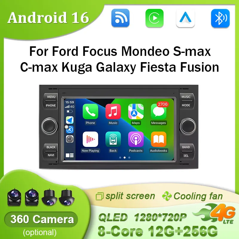 Android 16 para Ford Focus Mondeo S-max C-max Kuga Galaxy Fiesta Fusion GPS Navi Carplay Bluetooth GPS Rádio Automotivo Vídeo Autoradio