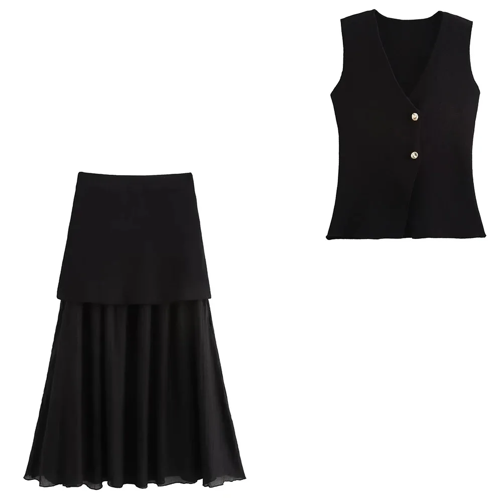 بدلة نسائية أنيقة جديدة أنيقة برقبة على شكل حرف V وزر ذهبي محبوك صدرية نسائية متماسكة صدرية نسائية تنورة طويلة مزخرفة مجعدة تنورة طويلة مزخرفة على طراز الشارع أنيقة نسائية أنيقة INS مدون مدون نفس الموديلات