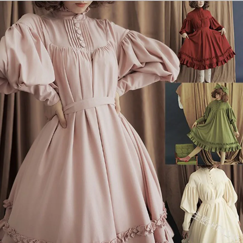 Kleider Damen Lolita-Kleid Prinzessin Puffärmel Rüschen Stehkragen Knopf-Spitzen-Ballkleid Kawaii Cosplay-Kostüm