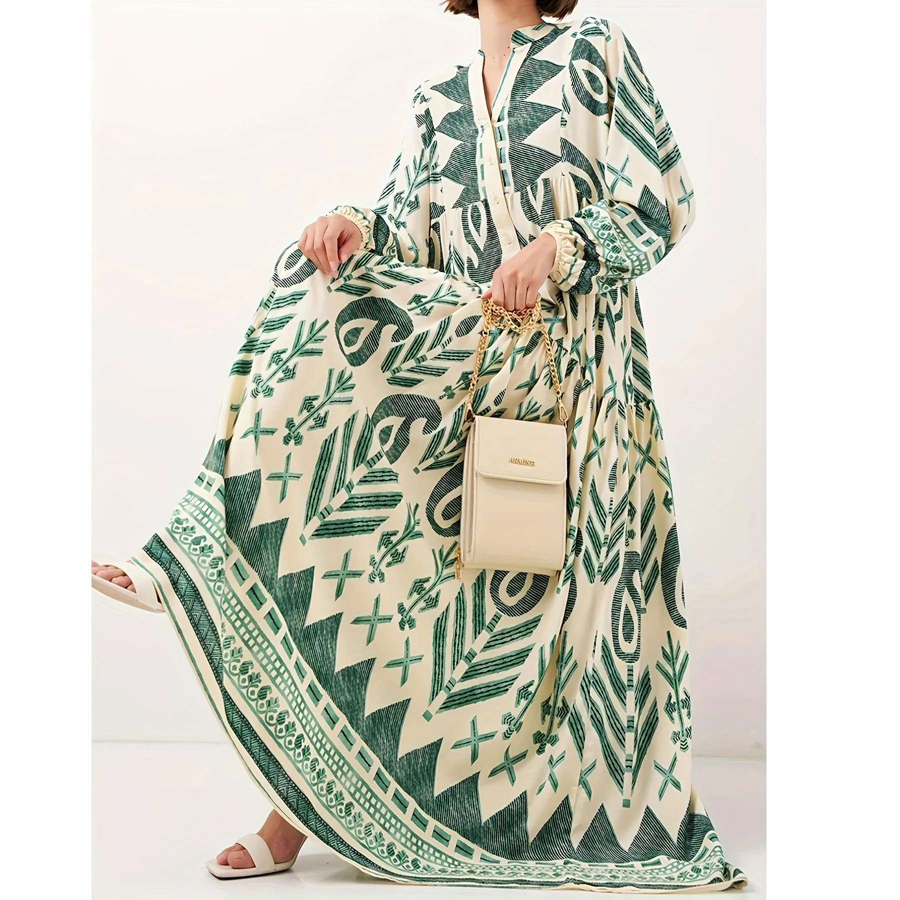 Women's Loose Fit Printed V Neck Maxi Dress Open Abaya Muslim Woman Moroccan Caftan Elegant A Line Pullover Button Front