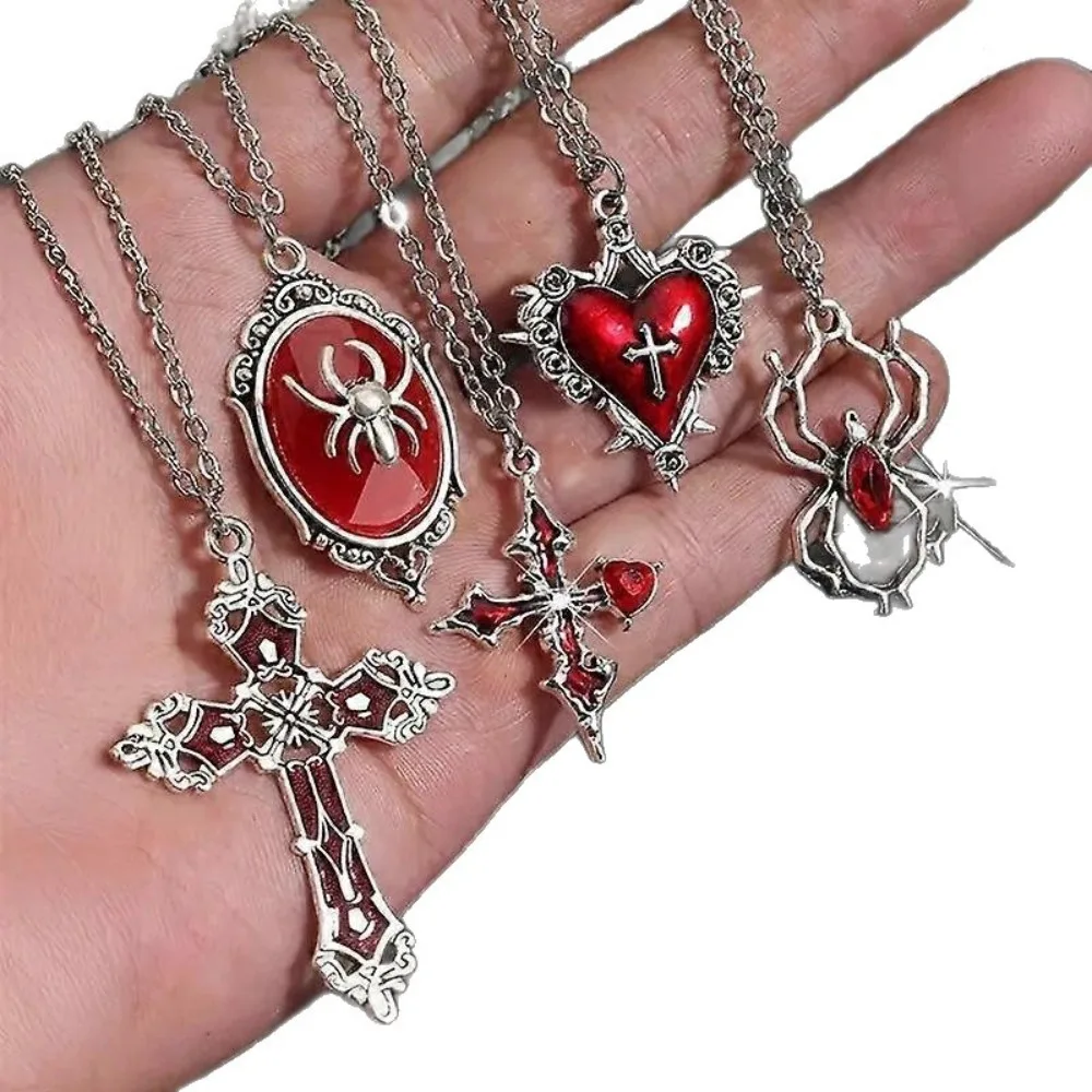5pcs Set Punk Goth Red Dripping Oil Heart-shaped Vampire Bat Spider Cross Pendant Necklace for Men Women Halloween Party Jewelry